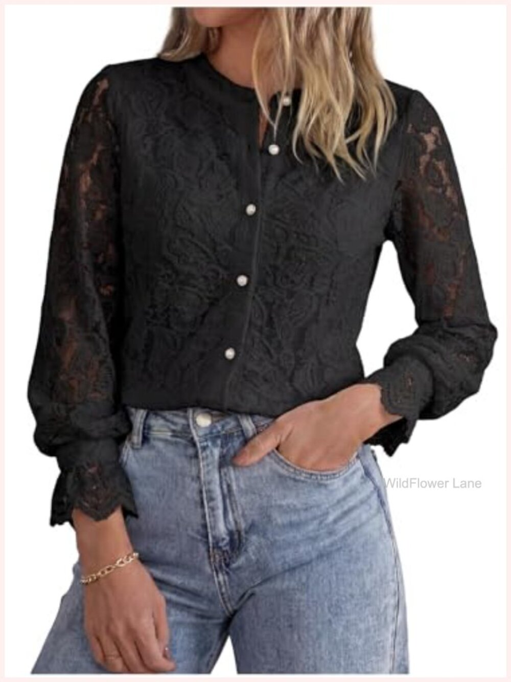 Women's Lace Long Sleeve Button Down Blouse Dressy Casual Top